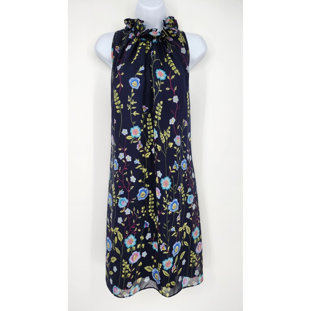 Tahari Womens Ruffle Neck Shift Dress Size 10/12 Navy Floral Garden Party Chic